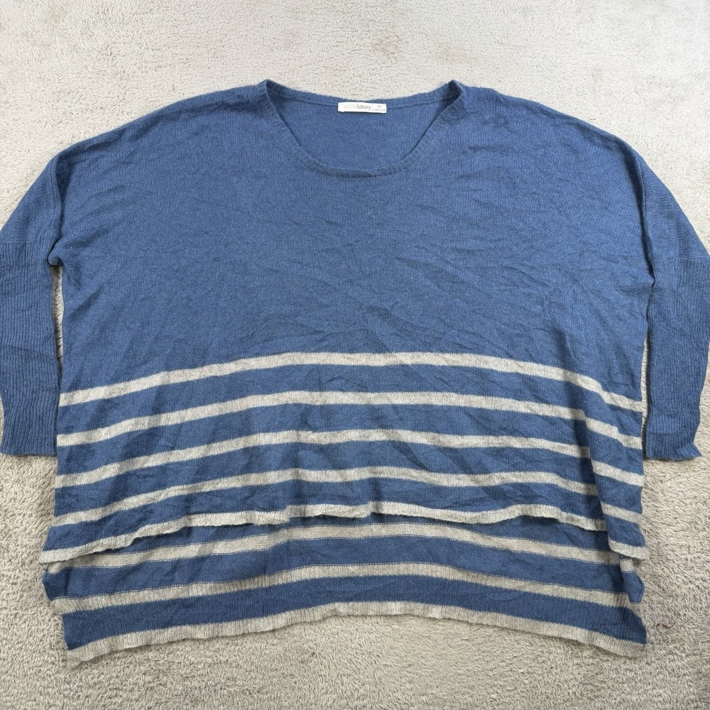 Subtle Luxury Sweater Women S/M Blue Stripe 100% Cashmere Boxy Oversize Pullover